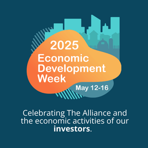 blue and orange graphic with text that reads 2025 economic development week May 12-16 Celebrating The Alliance and the economic activities of our investors.